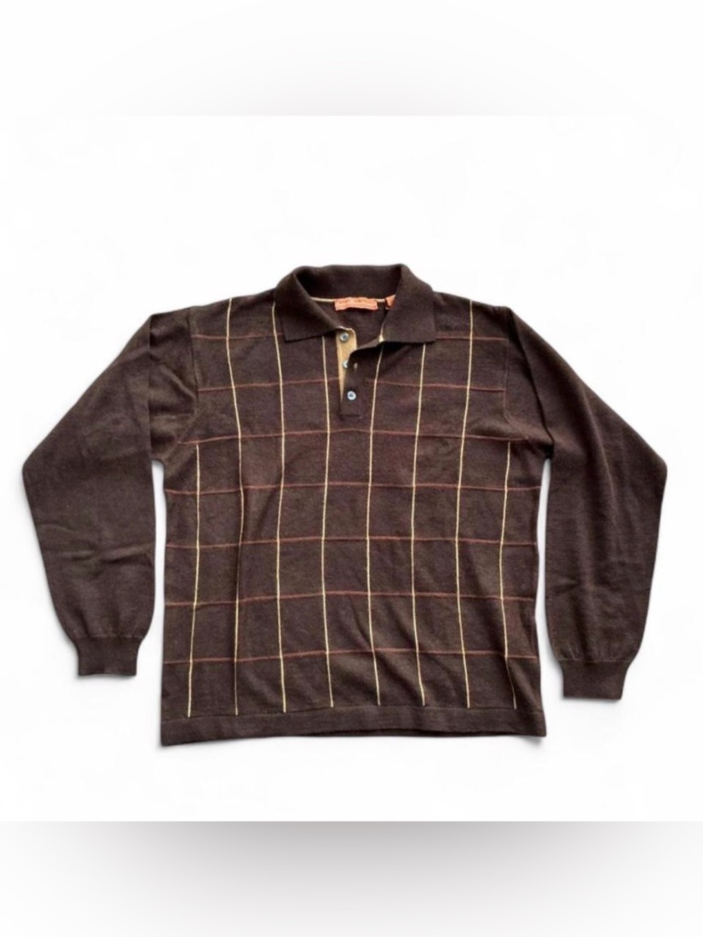 Eclectic Academia Brown & Yellow Vintage Merino Wool Blend Long Sleeve Polo
